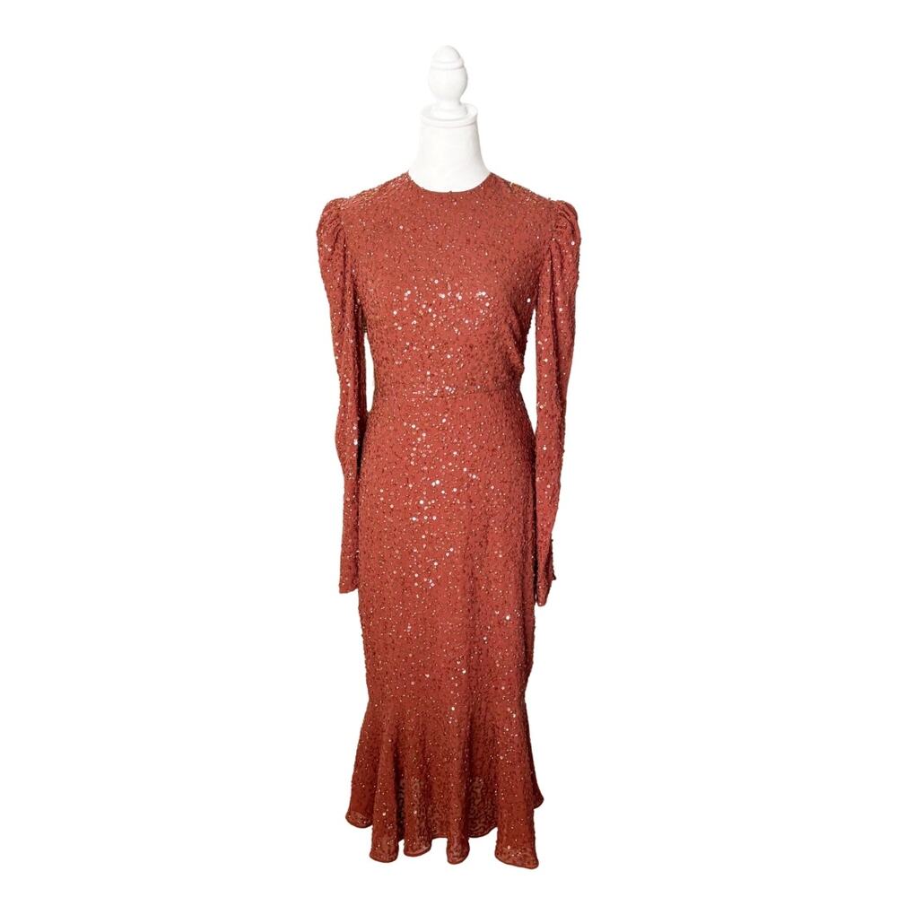 Mac Duggal Long Sleeve Sequin Midi Dress 2 Brick NWT Style 10865 - Picture 2 of 11